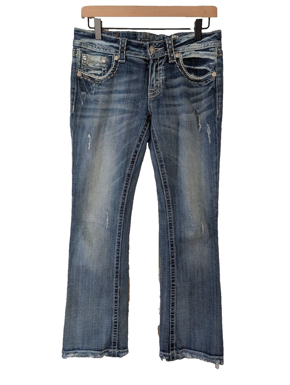 Miss Me Women’s 28 Bootcut Low Rise Distressed Ripped Bling Jeans